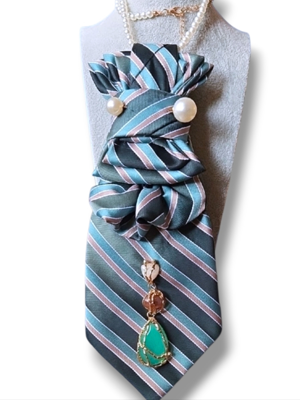 3/$60 Striped Green And Tan Folded Cravat With Pearl And Jewel Design